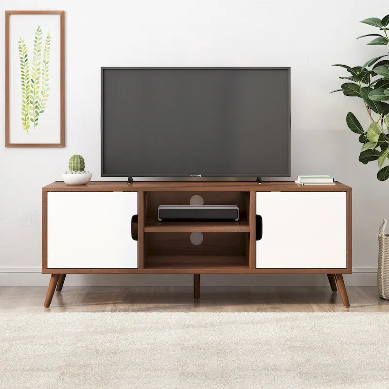 Mobile TV Mid-Century bianco e noce per televisori da 40", 3 cassetti