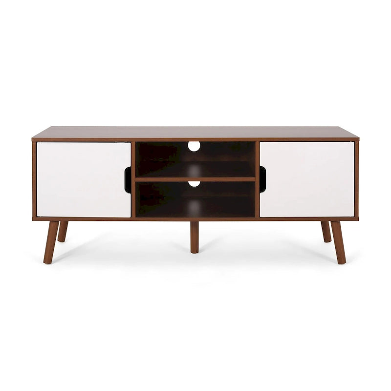 Mobile TV Mid-Century bianco e noce per televisori da 40", 3 cassetti