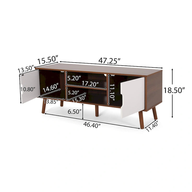 Mobile TV Mid-Century bianco e noce per televisori da 40", 3 cassetti