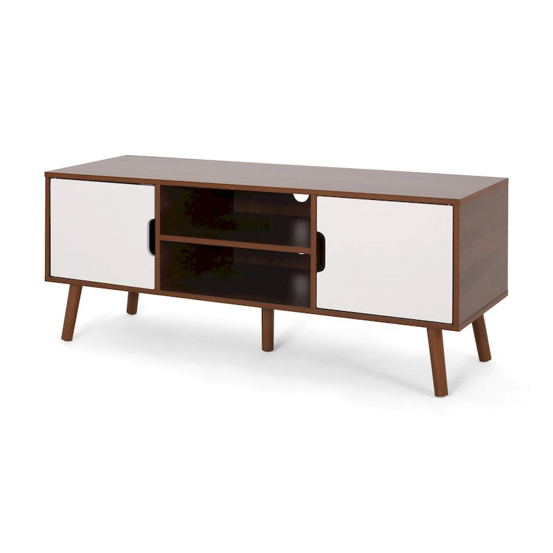 Mobile TV Mid-Century bianco e noce per televisori da 40", 3 cassetti
