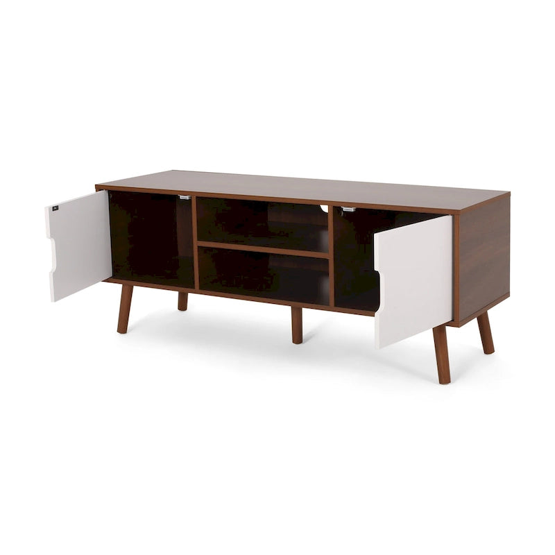 Mobile TV Mid-Century bianco e noce per televisori da 40", 3 cassetti