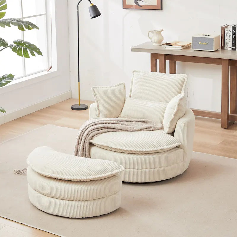 Poltrona girevole a barilotto beige con pouf contenitore, 1 posto