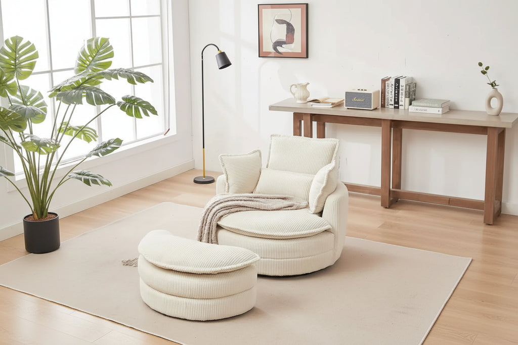 Beige 52 Upholstered Swivel Barrel Chair with Moon Storage Ottoman and Pillows