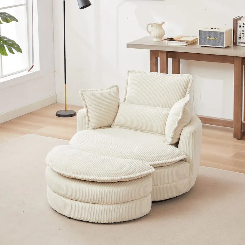 Poltrona girevole a barilotto beige con pouf contenitore, 1 posto
