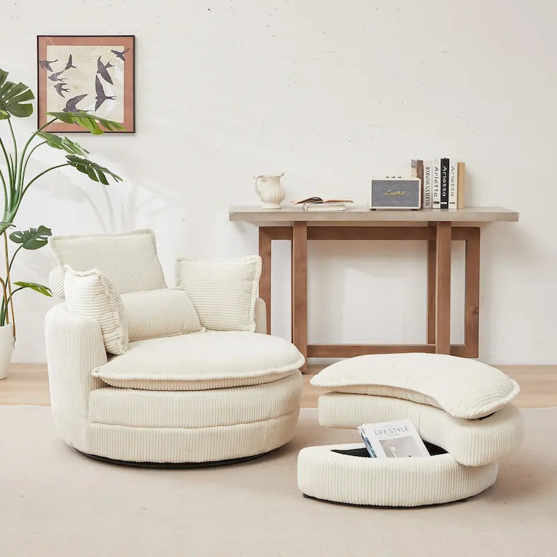 Poltrona girevole a barilotto beige con pouf contenitore, 1 posto