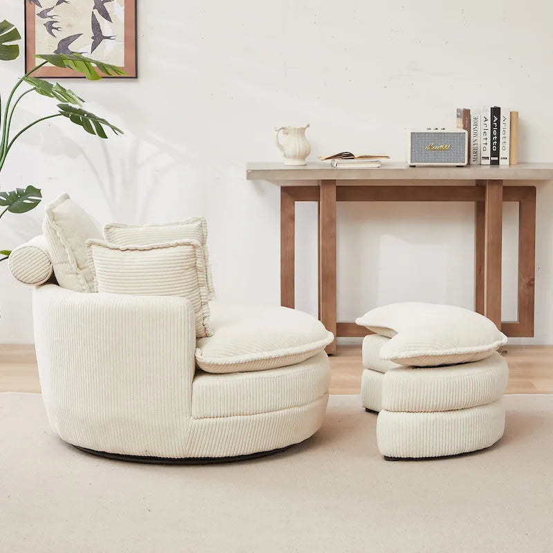 Poltrona girevole a barilotto beige con pouf contenitore, 1 posto