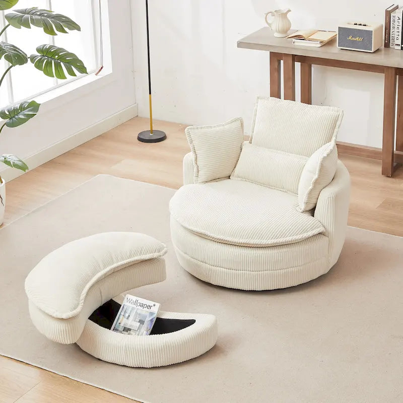 Poltrona girevole a barilotto beige con pouf contenitore, 1 posto