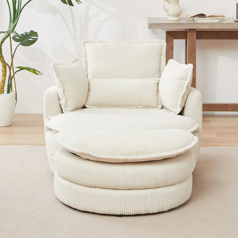 Poltrona girevole a barilotto beige con pouf contenitore, 1 posto