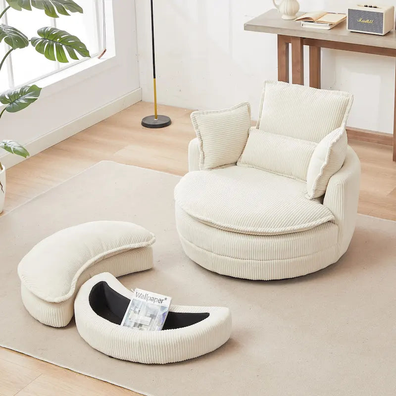 Poltrona girevole a barilotto beige con pouf contenitore, 1 posto