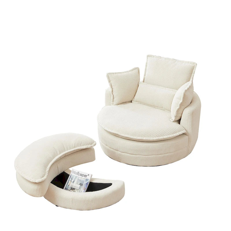 Poltrona girevole a barilotto beige con pouf contenitore, 1 posto