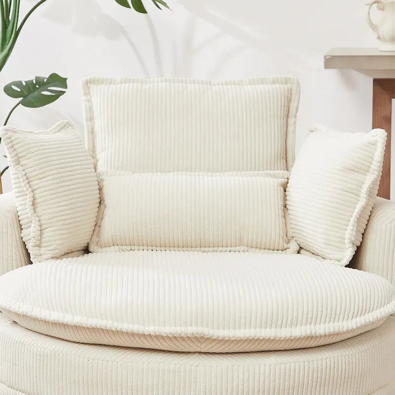 Poltrona girevole a barilotto beige con pouf contenitore, 1 posto