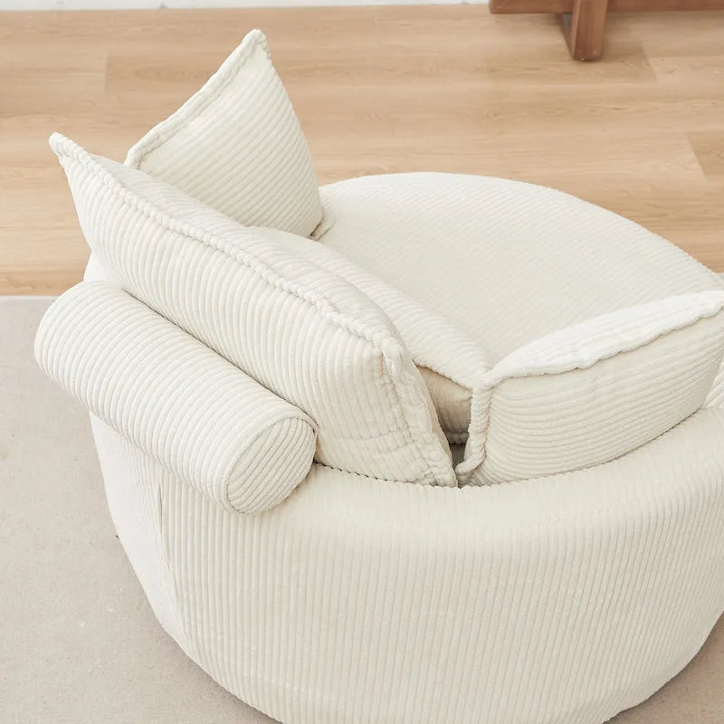 Poltrona girevole a barilotto beige con pouf contenitore, 1 posto