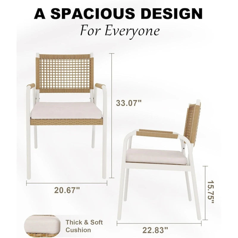 Sedie da pranzo per patio in vimini marrone/bianco con cuscini, set da 2