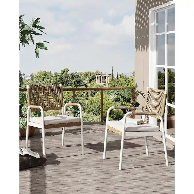 Sedie da pranzo per patio in vimini marrone/bianco con cuscini, set da 2