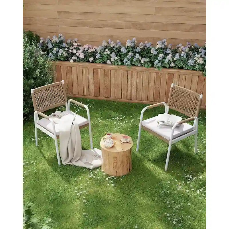 Sedie da pranzo per patio in vimini marrone/bianco con cuscini, set da 2