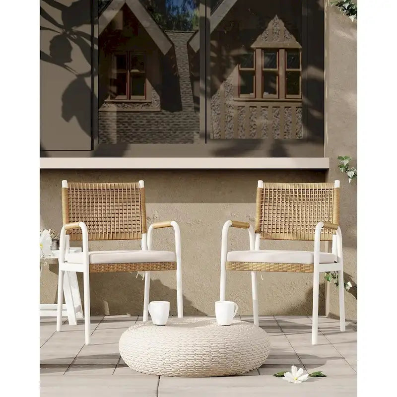 Sedie da pranzo per patio in vimini marrone/bianco con cuscini, set da 2