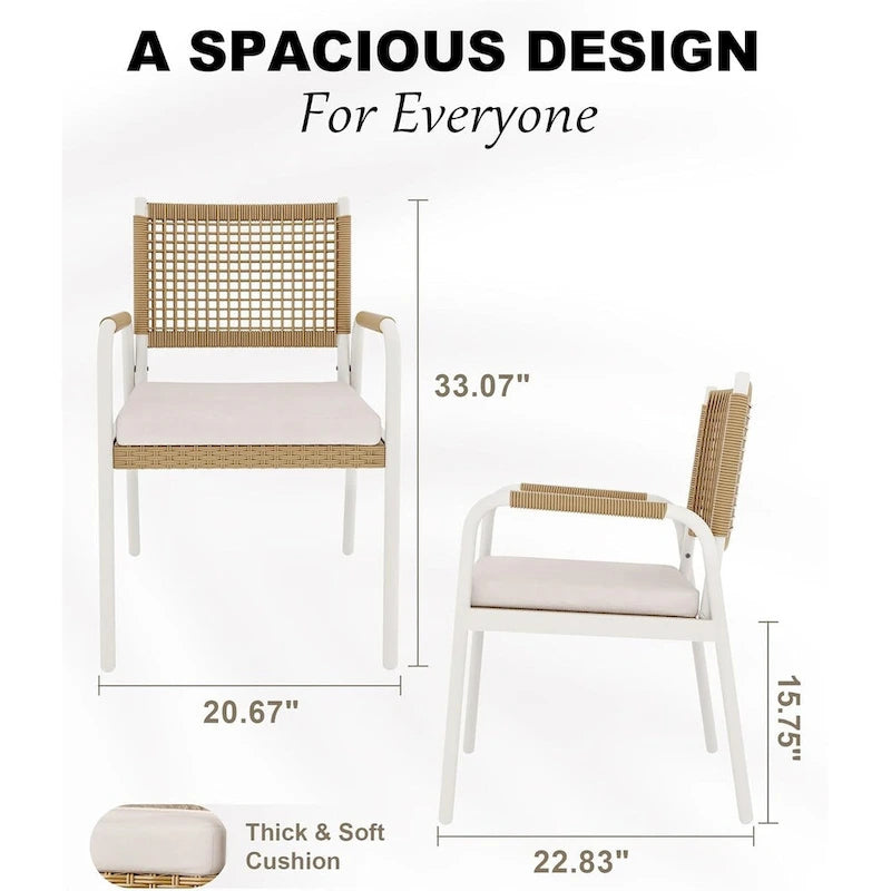 Sedie da pranzo per patio in vimini marrone/bianco con cuscini, set da 2