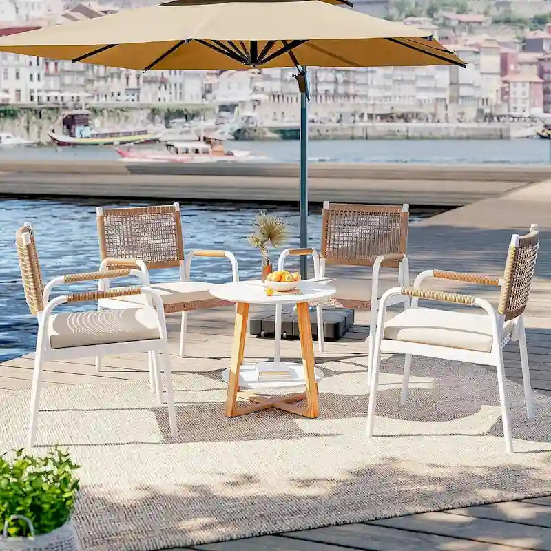 Sedie da pranzo per patio in vimini marrone/bianco con cuscini, set da 2