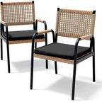 Sedie da pranzo per patio in vimini marrone/bianco con cuscini, set da 2