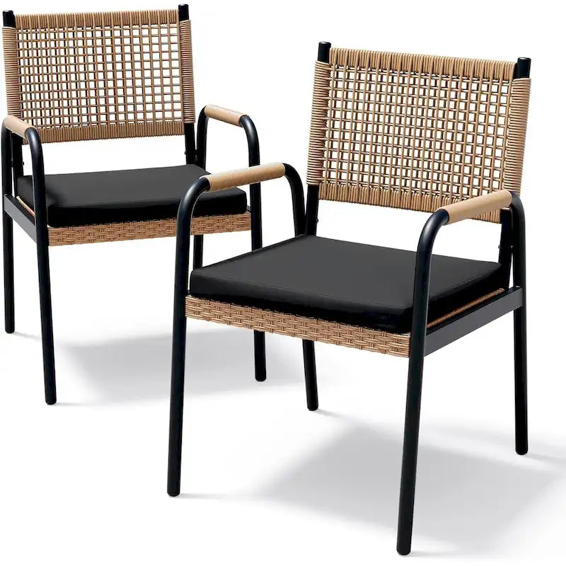 Sedie da pranzo per patio in vimini marrone/bianco con cuscini, set da 2