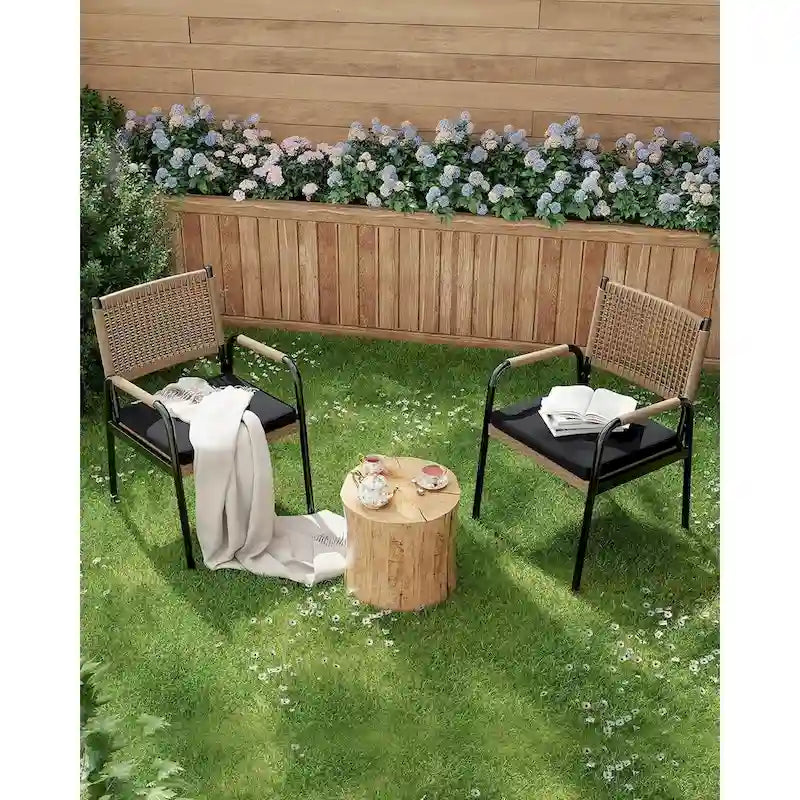 Sedie da pranzo per patio in vimini marrone/bianco con cuscini, set da 2