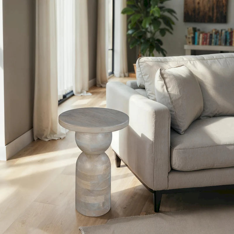 Tavolino rotondo in legno di mango naturale marrone/beige, con base a piedistallo