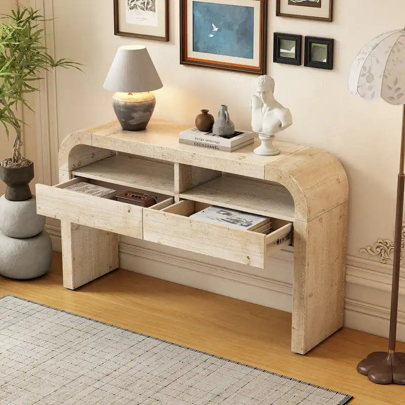 Consolle in legno naturale con lavabo, cassetti e ripiano aperto, assemblaggio per 1 persona