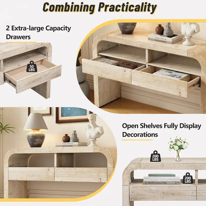 Consolle in legno naturale con lavabo, cassetti e ripiano aperto, assemblaggio per 1 persona
