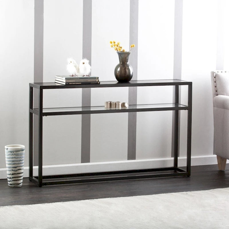 Console in metallo con ripiano e piano in vetro nero – 1 Persona
