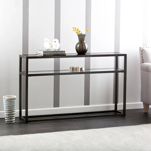 Console in metallo con ripiano e piano in vetro nero – 1 Persona
