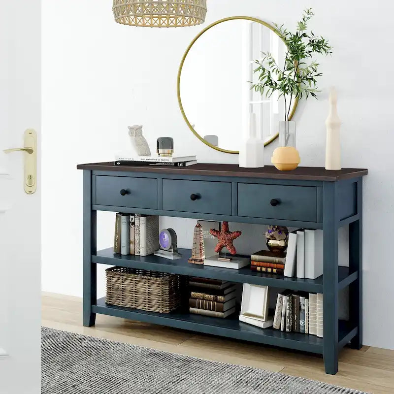 Tavolo Consolle Mid-Century Blu Navy / Bianco Antico / Espresso, 3 Cassetti, Singolo