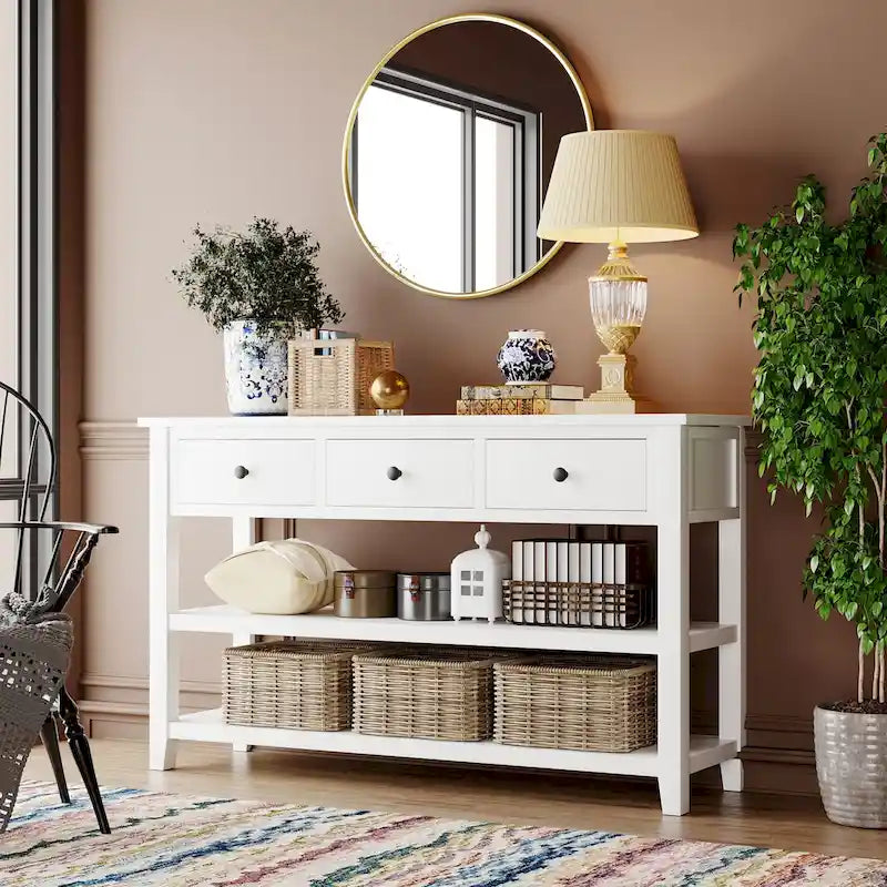 Tavolo Consolle Mid-Century Blu Navy / Bianco Antico / Espresso, 3 Cassetti, Singolo