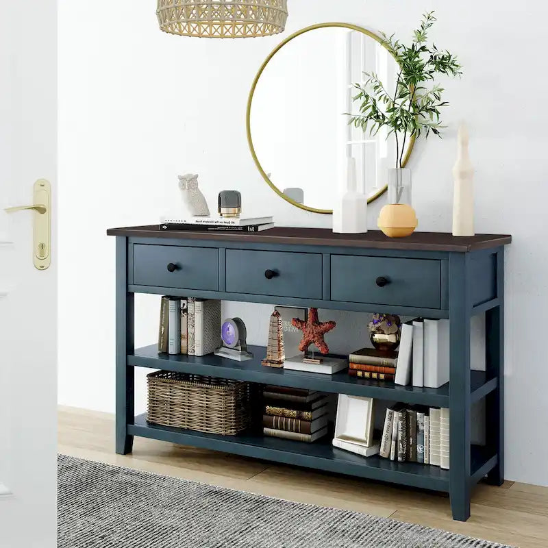 Tavolo Consolle Mid-Century Blu Navy / Bianco Antico / Espresso, 3 Cassetti, Singolo