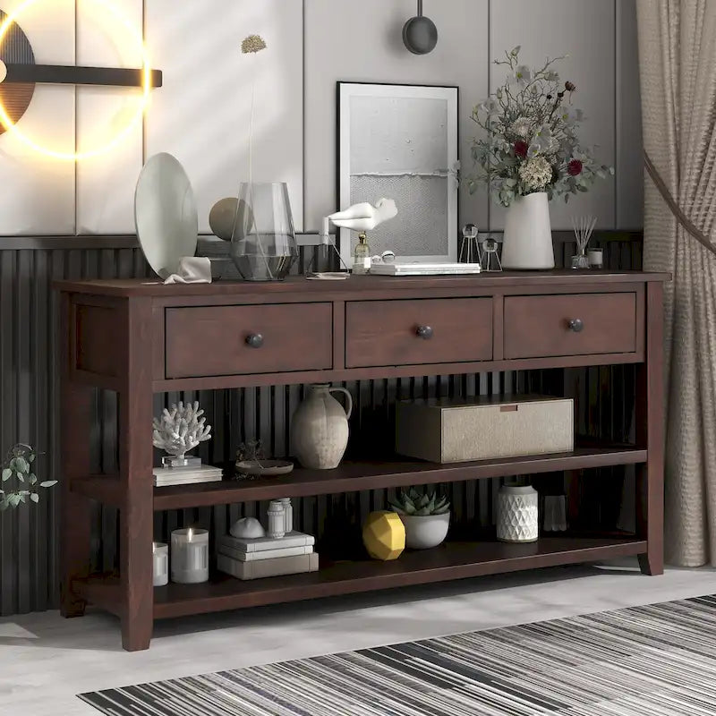 Tavolo Consolle Mid-Century Blu Navy / Bianco Antico / Espresso, 3 Cassetti, Singolo