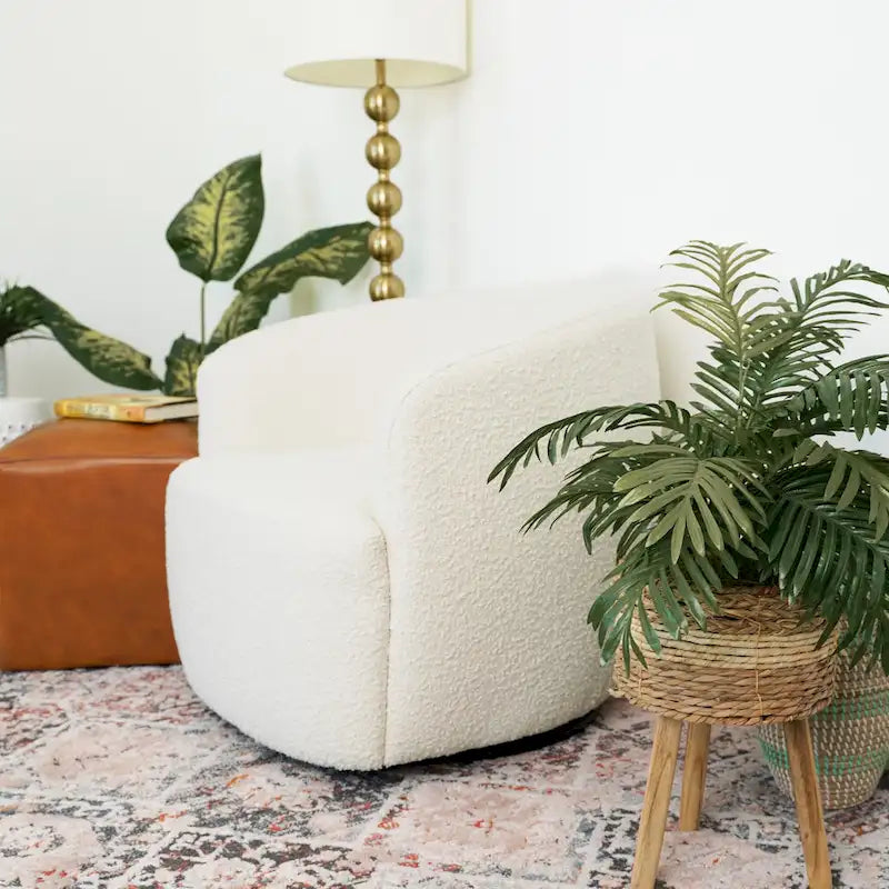 Poltrona girevole accent in tessuto bouclé Mid Century, 1 posto – Giallo scuro / Blu / Bianco