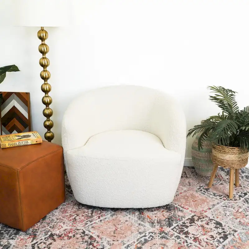 Poltrona girevole accent in tessuto bouclé Mid Century, 1 posto – Giallo scuro / Blu / Bianco