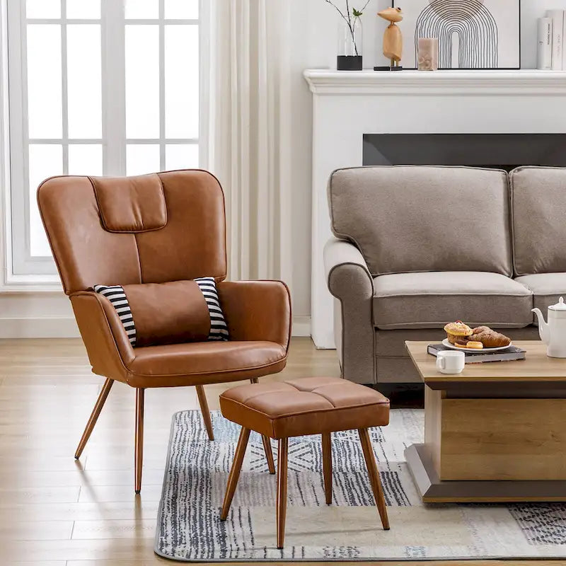 Poltrona a pozzetto ad ala in similpelle marrone/grigia/beige con pouf, seduta singola