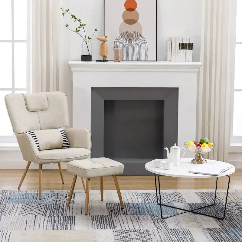 Poltrona a pozzetto ad ala in similpelle marrone/grigia/beige con pouf, seduta singola
