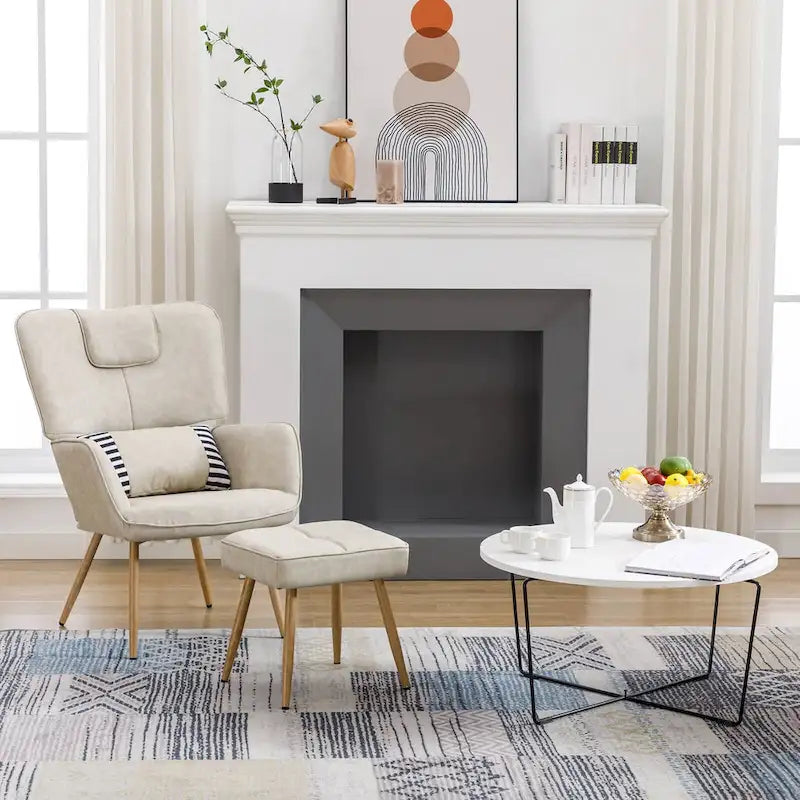 Poltrona a pozzetto ad ala in similpelle marrone/grigia/beige con pouf, seduta singola