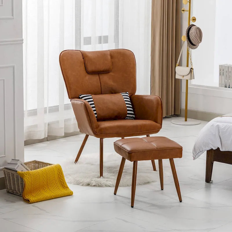 Poltrona a pozzetto ad ala in similpelle marrone/grigia/beige con pouf, seduta singola