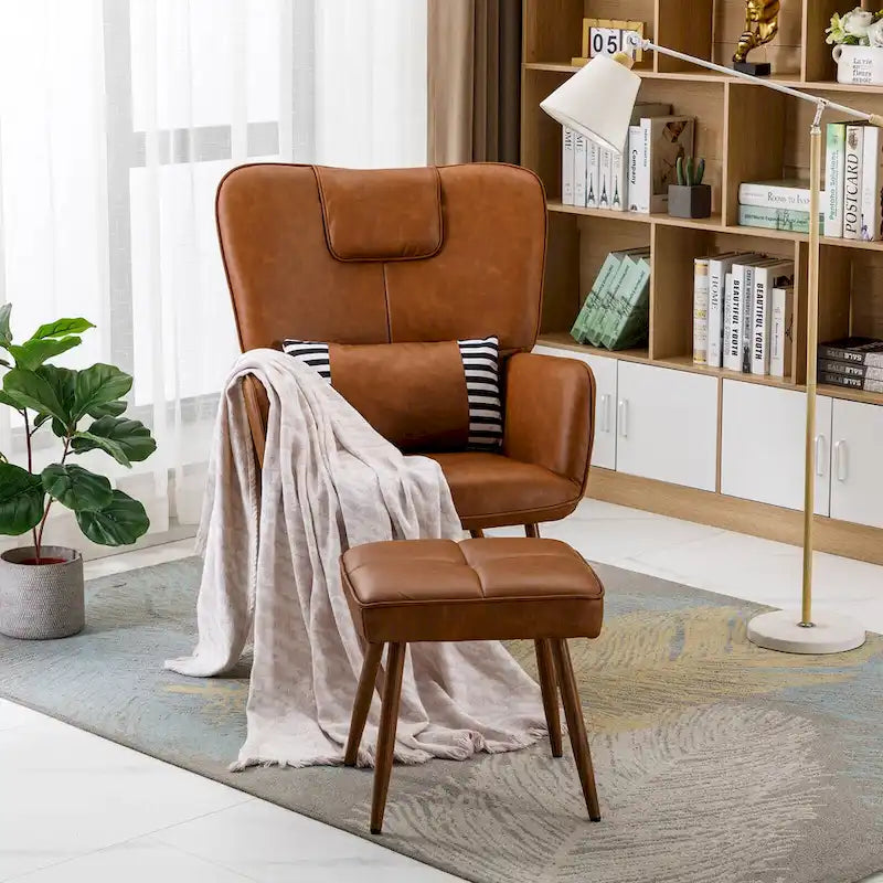 Poltrona a pozzetto ad ala in similpelle marrone/grigia/beige con pouf, seduta singola