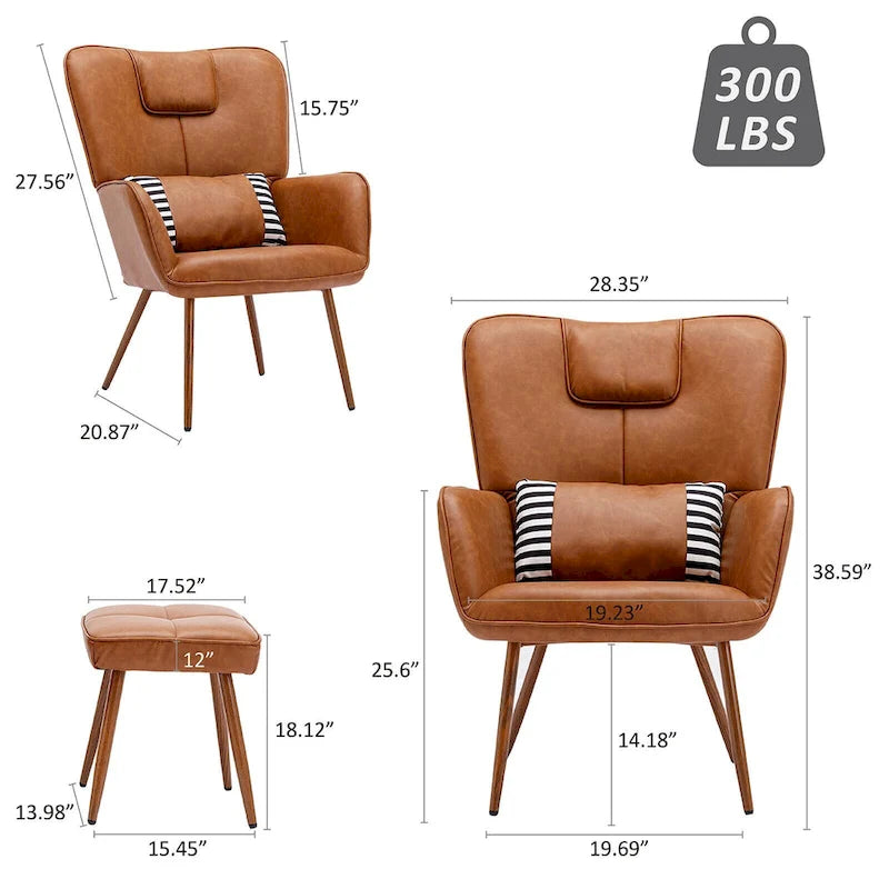 Poltrona a pozzetto ad ala in similpelle marrone/grigia/beige con pouf, seduta singola