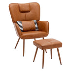 Poltrona a pozzetto ad ala in similpelle marrone/grigia/beige con pouf, seduta singola