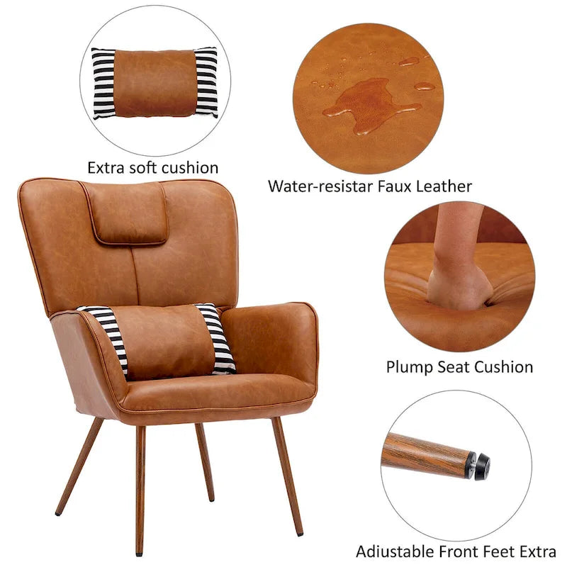 Poltrona a pozzetto ad ala in similpelle marrone/grigia/beige con pouf, seduta singola