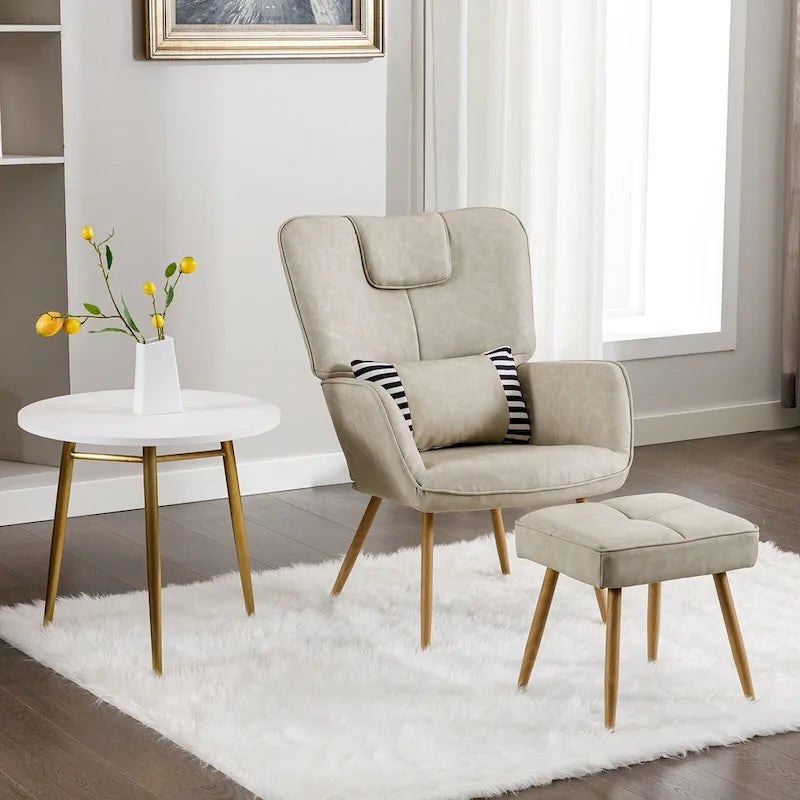 Poltrona a pozzetto ad ala in similpelle marrone/grigia/beige con pouf, seduta singola