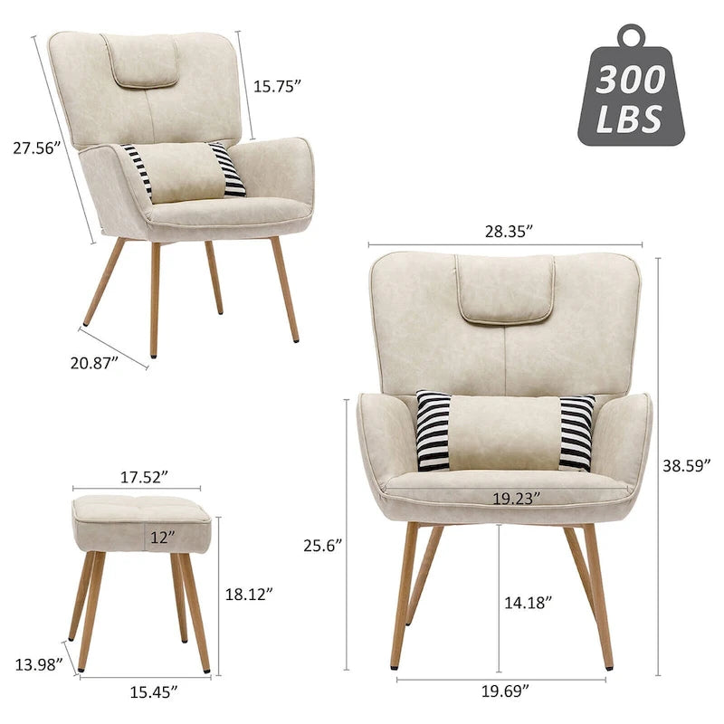 Poltrona a pozzetto ad ala in similpelle marrone/grigia/beige con pouf, seduta singola