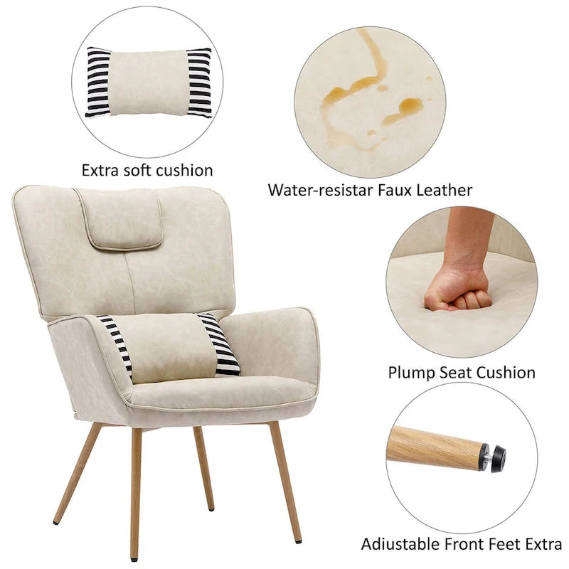 Poltrona a pozzetto ad ala in similpelle marrone/grigia/beige con pouf, seduta singola