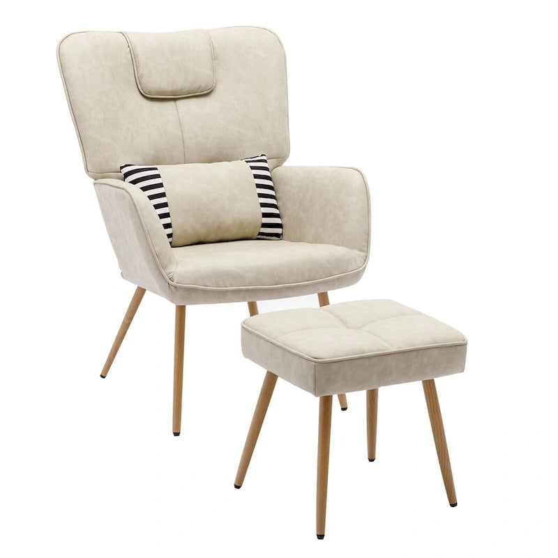 Poltrona a pozzetto ad ala in similpelle marrone/grigia/beige con pouf, seduta singola