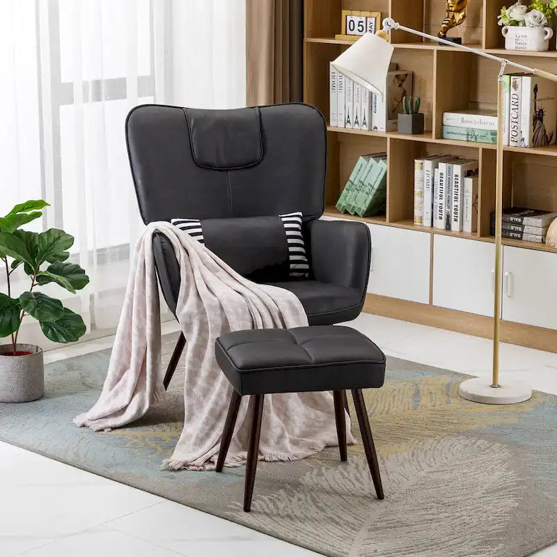 Poltrona a pozzetto ad ala in similpelle marrone/grigia/beige con pouf, seduta singola