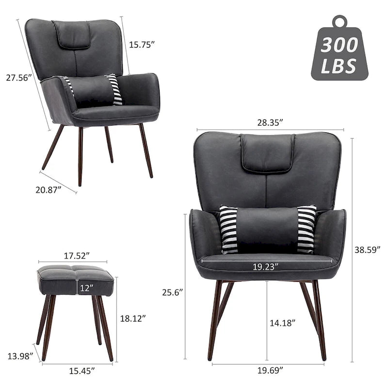 Poltrona a pozzetto ad ala in similpelle marrone/grigia/beige con pouf, seduta singola